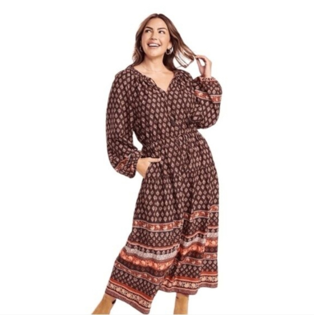 Old Navy Tiered Poet Midi Dress-Brown Print-Waist Tie-Sz L-Boho-Peasant-Cottage